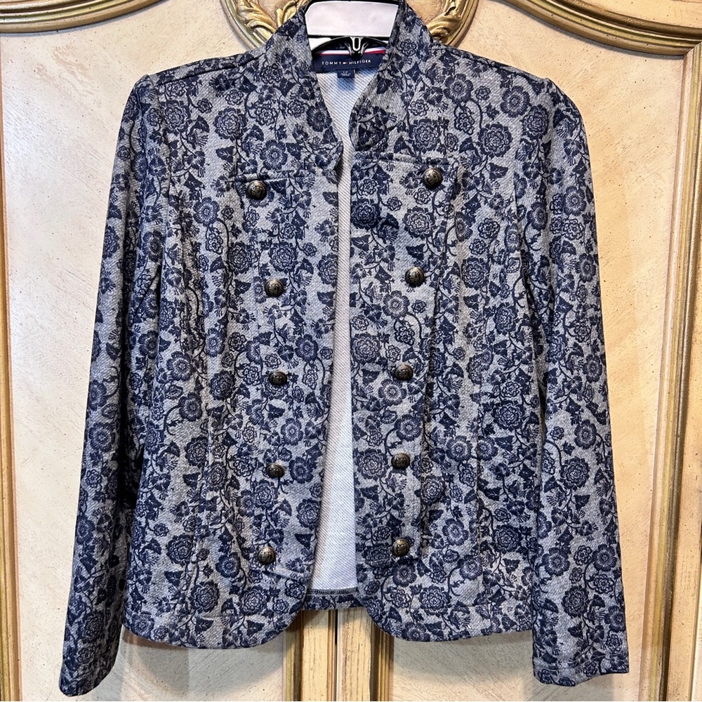 Tommy Hilfiger Gray & Navy Blue Floral Military Style Open Front Blazer